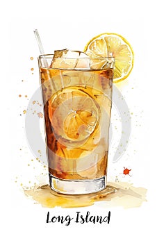 Watercolor illustration of a Long island iced tea cocktail isolated on white