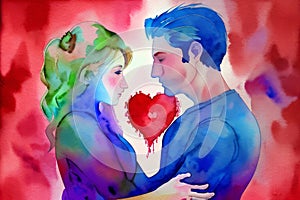 Watercolor illustration of a lovers couple hugging on background with hearts. Generative AI.