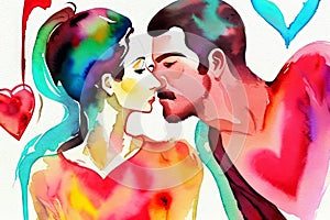 Watercolor illustration of a lovers couple hugging on background with hearts. Generative AI.