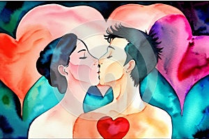 Watercolor illustration of a lovers couple kissing on background with hearts. Generative AI.