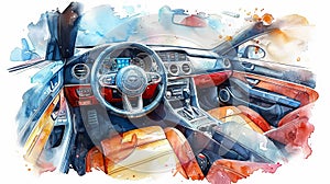 Watercolor illustration of Luxurious car interior with leather seats and modern dashboard. Upscale vehicle cockpit