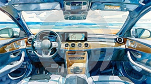 Watercolor illustration of Luxurious car interior with leather seats and modern dashboard. Upscale vehicle cockpit