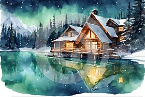 Watercolor illustration of luxury villas in the Swiss Alps with lake views in winter. photo