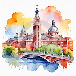 Watercolor illustration of Madrid city. Capital of Spain. Abstract buildings, architecture. Hand drawn art