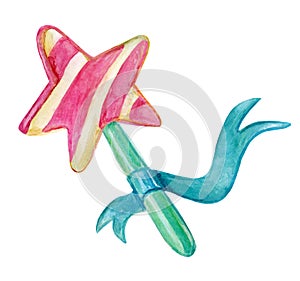 Watercolor illustration of magic wand isolated on the white background