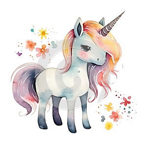 Watercolor illustration of a magical unicorn with floral accents isolated on white background