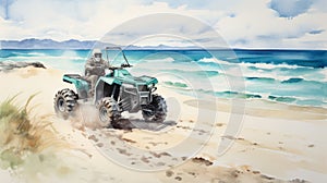 Watercolor Illustration Of Man Riding Atv On Beach