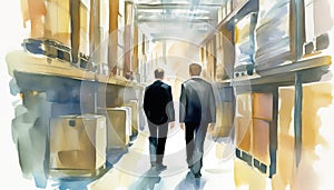 Watercolor illustration. Managers in logistics center among racks and boxes on white background. Businessmen in black