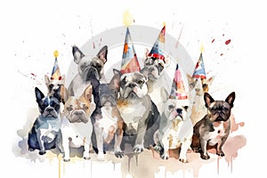 Watercolor illustration of many dogs in party hats celebrating a birthday. Generative AI