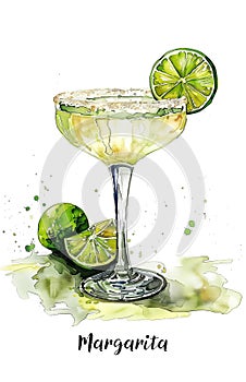 Watercolor illustration of a Margarita cocktail isolated on white
