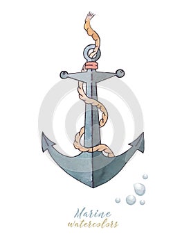 A watercolor illustration from a marine set. A lifebuoy, a boat, an anchor, a lighthouse, a rope and an octopus.