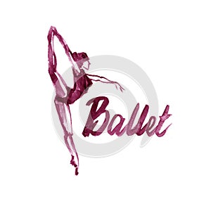 Watercolor illustration maroon ballerina icon in dance. Design poster ballet school, studio