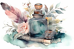 Watercolor Illustration Of Mascara And Writer'S Quill