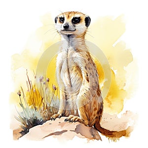 Watercolor illustration of a meerkat sitting on the sand. Generative AI Generative AI