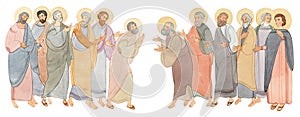 Watercolor illustration of the meeting of holy people, the apostles. For the design of publications