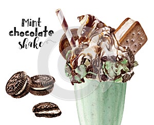 Watercolor illustration of mint chocolate shake dessert close up. Design template for packaging, menu, postcards.