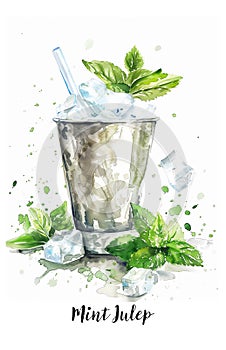Watercolor illustration of a Mint Julep cocktail served in the traditional silver glass isolated on white