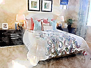 Watercolor illustration of modern bedroom with bed and homeware decorations.