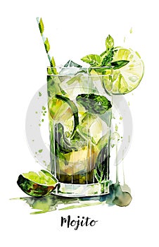 Watercolor illustration of a Mojito cocktail isolated on white