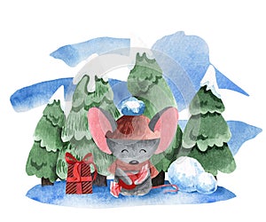 Watercolor illustration of a mouse on the background of fir trees in the snow. Illustration for New Year decoration and greeting