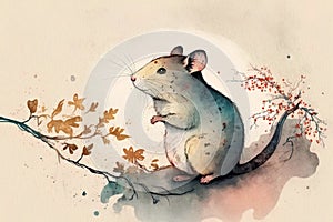 Watercolor illustration of a mouse sitting on a branch with autumn leaves