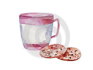 Watercolor illustration of a mug with tea and cookies with chocolate chips