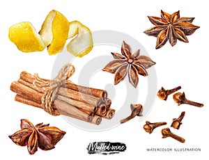 Watercolor illustration of Mulled wine ingredients, recipe set isolated on white background. Hand drawn cinnamon, anise