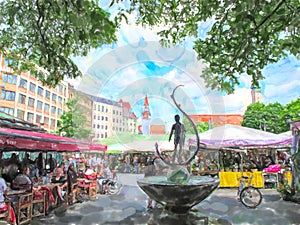 Watercolor illustration of Munich Viktualienmarkt. People on market photo