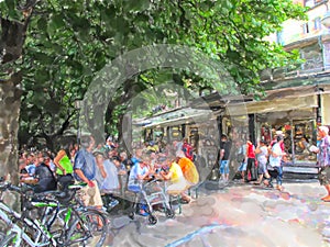 Watercolor illustration of Munich Viktualienmarkt. People on market photo