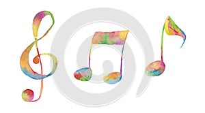 Watercolor illustration with music notes and treble clefs. Isolated illustration on the theme of music on a white background
