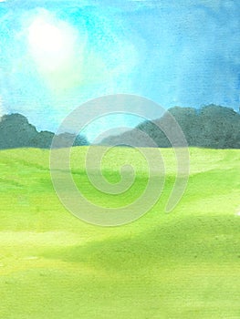 Watercolor illustration of natural summer background with green grass field, blue sky with shining sun