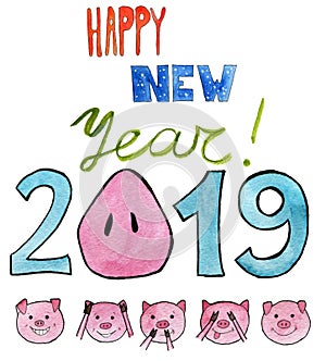 Watercolor illustration. The new year 2019 with a pigâ€™s snout instead of zero. Five cute pigs covering eyes, ears and mouth