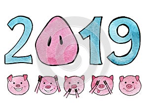 Watercolor illustration. The new year 2019 with a pigâ€™s snout instead of zero. Five cute pigs covering eyes, ears and mouth: Don