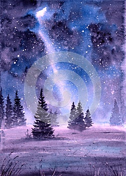 Watercolor illustration of night landscape with fir trees