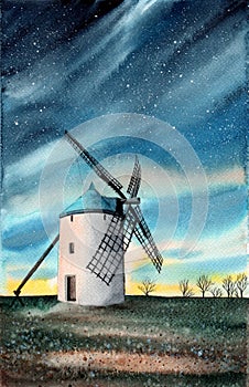 Watercolor illustration of a night landscape with a windmill