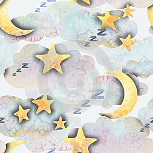 Watercolor illustration of the night sky with clouds, moon and stars.