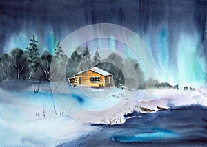Watercolor illustration of a nighttime winter landscape with a snowy valley, a distant wooden house