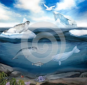 watercolor illustration of north sea landscape and underwater world, blue sky, iceberg, narwhal, seal, seagulls, white