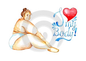 Watercolor illustration of a nude girl sitting sideways. Plus size. Body positive. photo