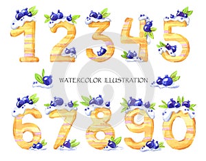 Watercolor illustration of numbers from zero to nine. Sweet tasty mathematical symbols. Set of decorative cake with