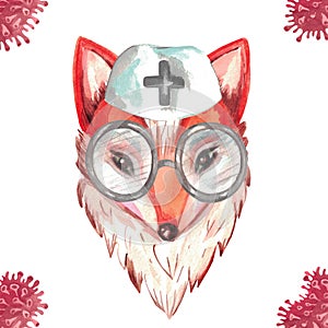 Watercolor illustration of a nurse`s Fox portrait Hand painted medicine animal doctor clipart