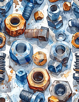 Watercolor Illustration of Nuts and Bolts Pattern