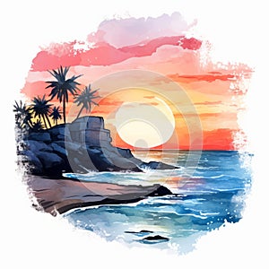 Watercolor Illustration Of Ocean Sunset With Palm Trees
