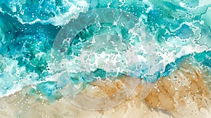 Watercolor illustration of ocean waves and sandy beach. Artistic rendition of the seaside. Top view. Concept of abstract