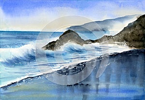 Watercolor illustration of an oceanic sandy shore near the blue ocean with waves photo