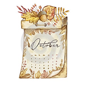 Watercolor illustration of October calendar with autumn leaves