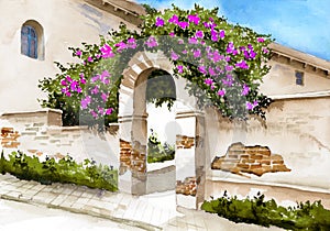 Watercolor illustration of an old arched entrance with a whitewashed brick fence