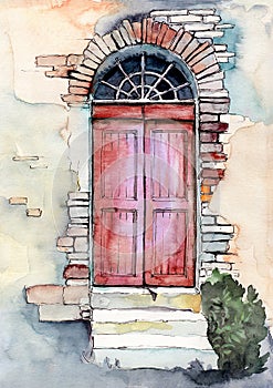 Watercolor illustration of an old arched wooden door painted in red