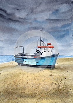 Watercolor illustration of an old blue boat on a sandy beach