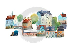 Watercolor illustration of old city center Scandinavia in summer photo